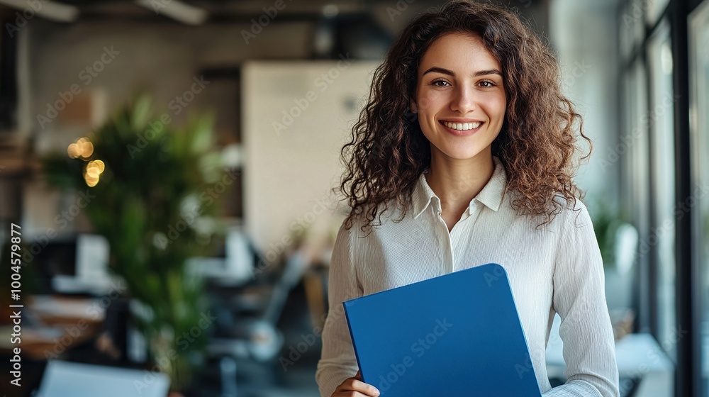 Poster Professional Woman Smiling in Modern Office Space