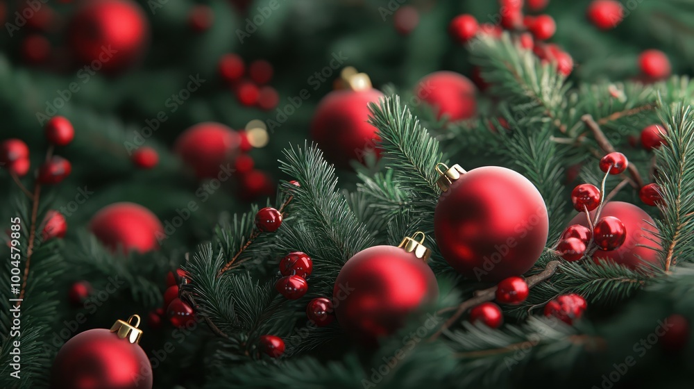 Poster christmas background with balls and fir branches created with generative ai.