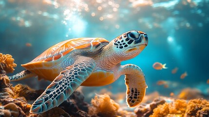 Fototapeta premium Sea Turtle Gracefully Swimming Through Coral Reef