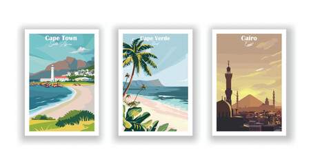 Obraz premium Cairo, Egypt, Cape Town, South Africa, Cape Verde, island - Vintage travel poster. Vector illustration. High quality prints