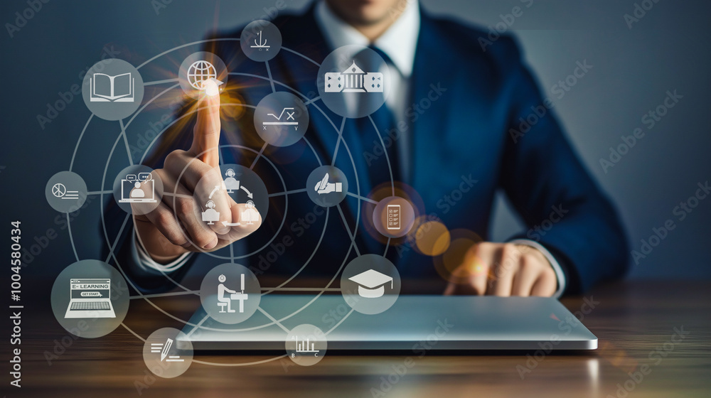 Poster a businessman interacts with a digital interface focused on e-learning, demonstrating the use of adv