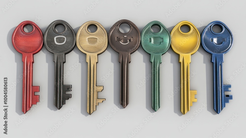 Poster bunch of keys 3d illustration set of three keys in different colors