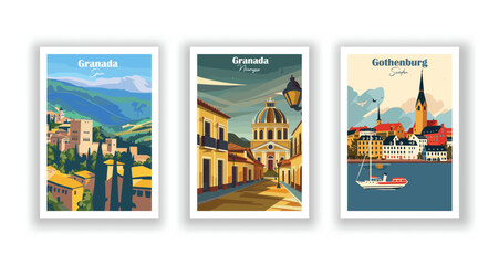 Gothenburg, Sweden, Granada, Nicaragua, Granada, Spain - Vintage travel poster. Vector illustration. High quality prints