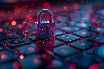 A small, shiny lock sits on a dark keyboard, illuminated by colorful bokeh lights creating a vibrant nighttime atmosphere