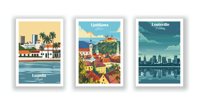 Ljubljana, Slovenia, Louisville, Kentucky, Luanda, Angola - Vintage travel poster. Vector illustration. High quality prints