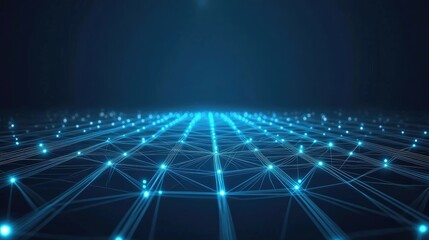 Abstract blue network pattern with glowing dots on a dark background.