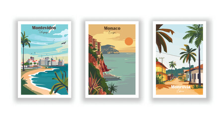 Monaco, Europe, Monrovia, Liberia, Montevideo, Uruguay - Vintage travel poster. Vector illustration. High quality prints