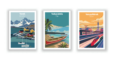Novosibirsk, Russia, Nuku'alofa, Tonga, Nuuk, Greenland - Vintage travel poster. Vector illustration. High quality prints © DesignerThc