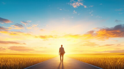 Man Walking Towards a Bright Sunrise on a Road