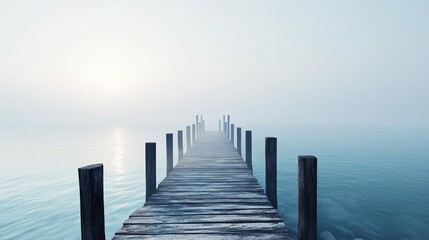 Fototapeta premium Abandoned pier, fog creeping over water, 3D illustration