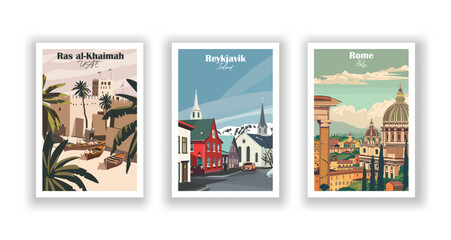 Plakat Ras al-Khaimah, UAE, Reykjavik, Iceland, Rome, Italy - Vintage travel poster. Vector illustration. High quality prints