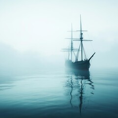 Abandoned ship in misty harbor, waves lapping softly, 3D illustration