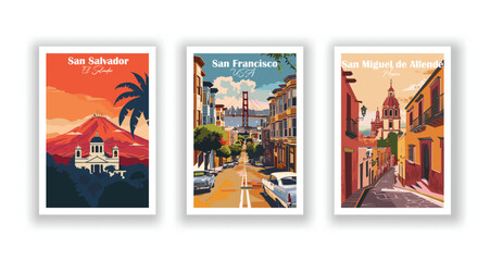 San Miguel de Allende, Mexico, San Francisco, USA, San Salvador, El Salvador - Vintage travel poster. Vector illustration. High quality prints