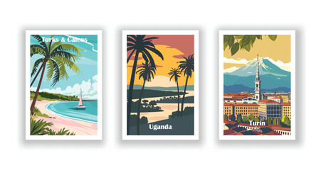 Turin, Italy, Turks & Caicos, Uganda - Vintage travel poster. Vector illustration. High quality prints