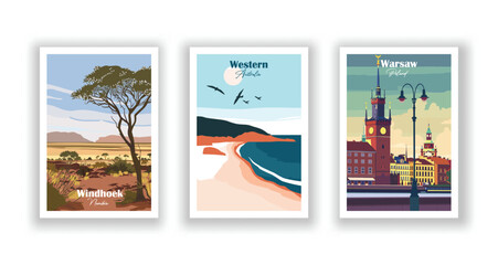 Warsaw, Poland, Western Australia, Windhoek, Namibia - Vintage travel poster. Vector illustration. High quality prints