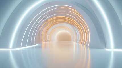 light in the tunnel, 3D rendering golden light tunnel with futuristic white neon lights, mall pop-up store photo wall background, minimal style.