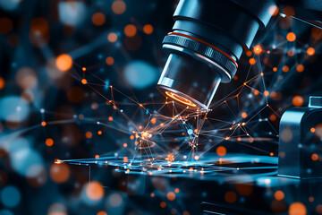 image of a medical microscope, symbolizing precision, scientific research, and advancements in healthcare technology with modern data connections