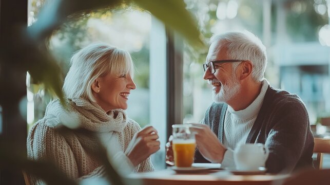 Joyful Moments Between Older Couple in Cafe