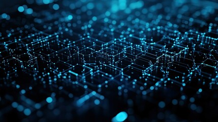 Abstract digital network background with glowing blue lines and dots on a black background.