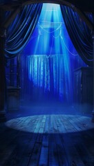 Enchanting stage scene with illuminated blue curtains inviting audience to a live performance