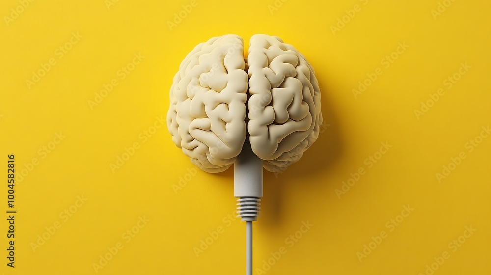 Poster Brain model connected with cable on yellow background