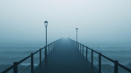 Fototapeta premium Dense fog enveloping a silent pier, gentle waves, 3D illustration