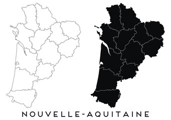 Nouvelle Aquitaine map of regions districts vector black on white and outline