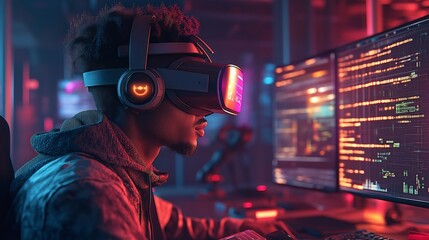 Immersive virtual reality gaming experience in a neon-lit room with players exploring digital worlds and industry growth data displayed