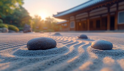 Tranquil Zen garden with raked sand and stones at sunset.