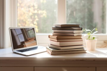 Fototapeta premium Stack of books laptop window publication.