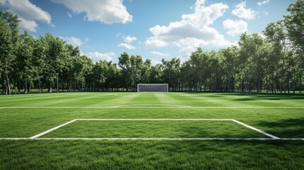 Fototapeta premium soccer pitch with the goal and net on a grassy field - empty arena stadium
