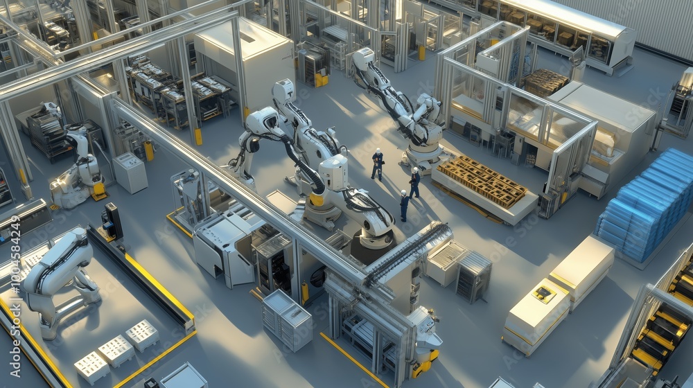 Poster advanced automation in a modern manufacturing facility with robotic arms and engineers collaborating