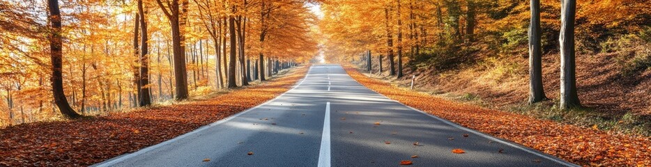 Fototapeta premium Close up view of long deserted asphalt road with beautiful autumn trees forest background wallpaper AI generated image