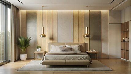 Minimalist interior design of modern bedroom with light gold wall