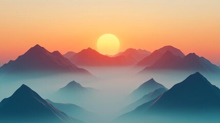 Fototapeta premium Fog drifting through mountain peaks, sunrise breaking through, 3D illustration