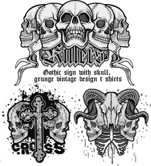 set, gothic sign with skull, grunge vintage design t shirts
