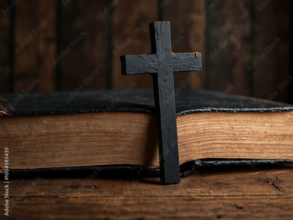 Poster a black cross is positioned next to an open book on a rustic wooden table, offering space for text.