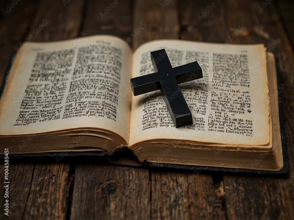 Poster a black cross is positioned next to an open book on a rustic wooden table, offering space for text.
