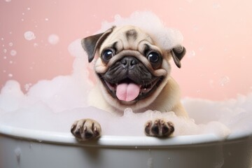 Pug dog portrait bathtub.