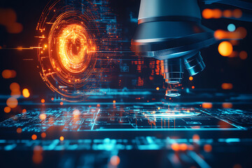 image of a medical microscope, symbolizing precision, scientific research, and advancements in healthcare technology with modern data connections