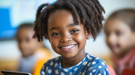 Diverse Gen Alpha children engaged with tablets in a lively, modern classroom with interactive smartboards and bright decor