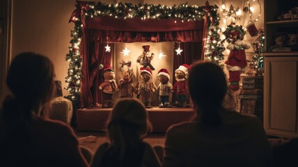 Obraz premium Family Watching a Christmas Puppet Show