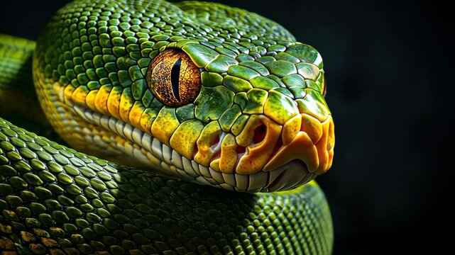 Green tree python staring with scales illuminated