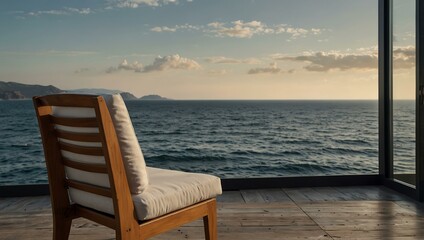 A chic wooden chair with a cushion overlooking a calm ocean view.