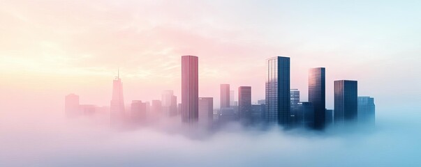 Fototapeta premium Foggy skyline, skyscrapers peeking through mist, 3D illustration