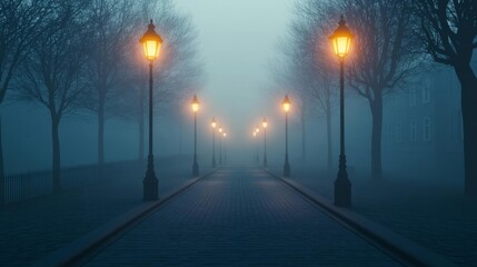 Foggy street with dim streetlights, shadows looming, 3D illustration
