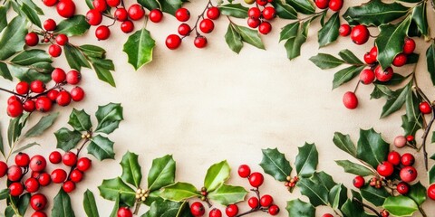Festive Christmas card design with holly and berries on a plain background