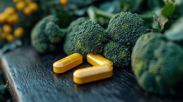 Yellow pills next to green broccoli florets on a wooden surface.