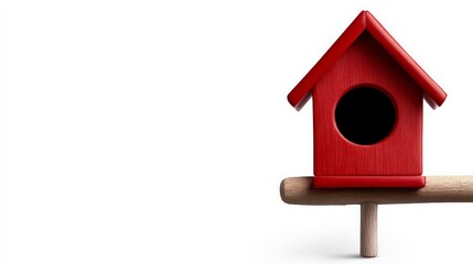 Red Birdhouse on White Background: A red birdhouse, a symbol of home and tranquility, stands on a wooden perch against a pristine white background.