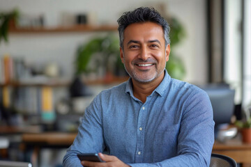 Banner with copy space. Smiling hispanic 40s businessman posing in office